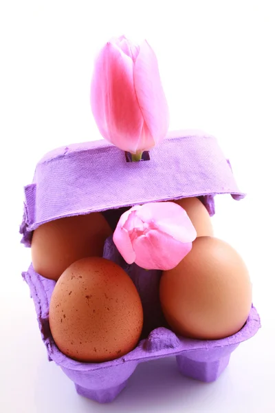 Easter Decoration Eggs Tulips Box Isolated White — Stock Photo, Image