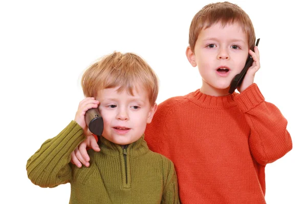 Cinco Três Anos Idade Meninos Falando Celular Isolado Branco — Fotografia de Stock