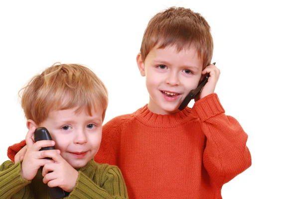Vijf Drie Jaar Oud Jongens Praten Mobiele Telefoon Geïsoleerd Wit — Stockfoto