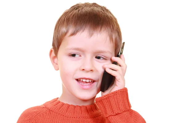 Vijf Jaar Old Boys Praten Mobiele Telefoon Geïsoleerd Wit — Stockfoto