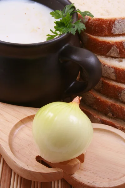 Miska Domowy Smalec Chleb Świeże Cebula — Zdjęcie stockowe