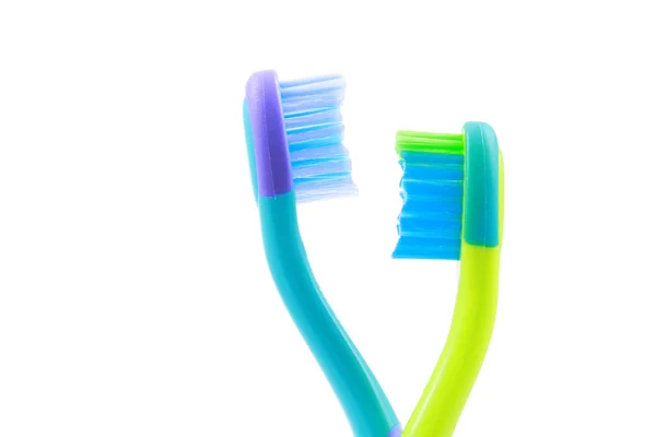 Duas Escovas Dentes Para Crianças Isoladas Branco — Fotografia de Stock