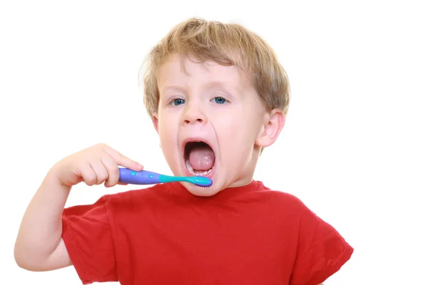Drie Jaar Oude Jongen Met Tand Brush Geïsoleerd Wit — Stockfoto