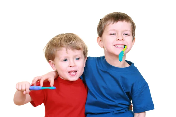 Menino Cinco Três Anos Com Escovas Isoladas Branco — Fotografia de Stock