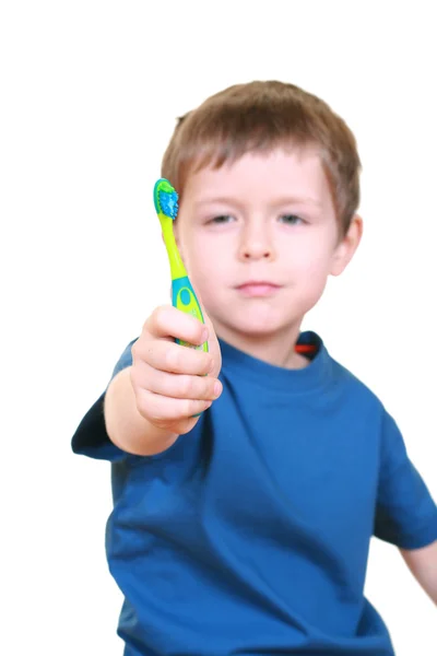 Πέντε Χρονών Αγόρι Οδοντόβουρτσα Που Απομονώνονται Λευκό — Φωτογραφία Αρχείου