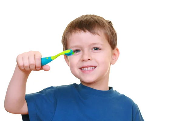 Ятирічний Хлопчик Зубною Щіткою Ізольований Білому — стокове фото