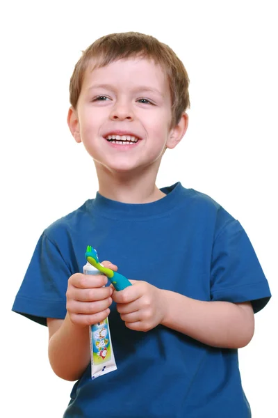 Menino Cinco Anos Com Escova Dentes Creme Dental Isolado Branco — Fotografia de Stock