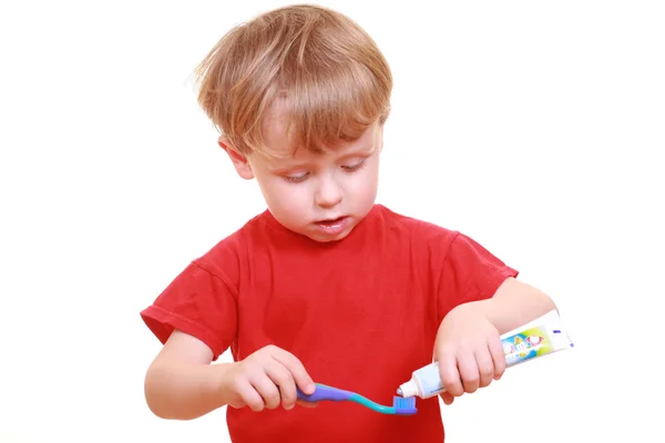 Menino Três Anos Com Tooyhpaste Escova Dentes Isolado Branco — Fotografia de Stock