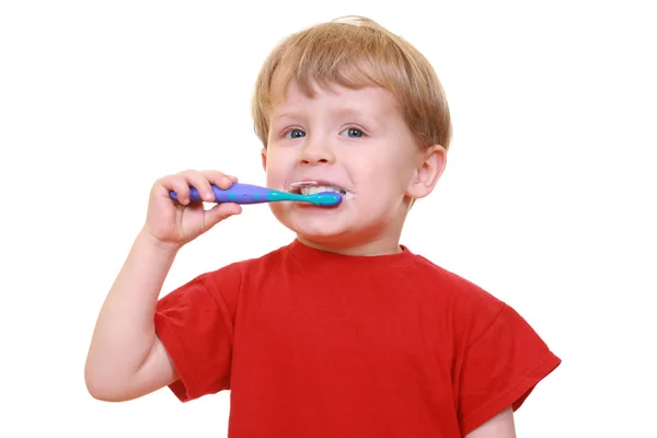 牙刷和牙膏在白色孤立的三岁男孩 — 图库照片