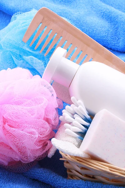 Beauty Accessories Soap Bottle Shampoo Basket Blue Towel — Stock Photo, Image