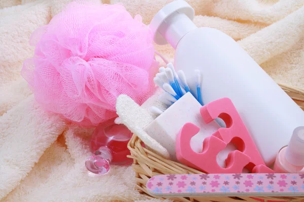 Beauty Accessories Towel Soap Bottle Shampoo Basket — Stock Photo, Image