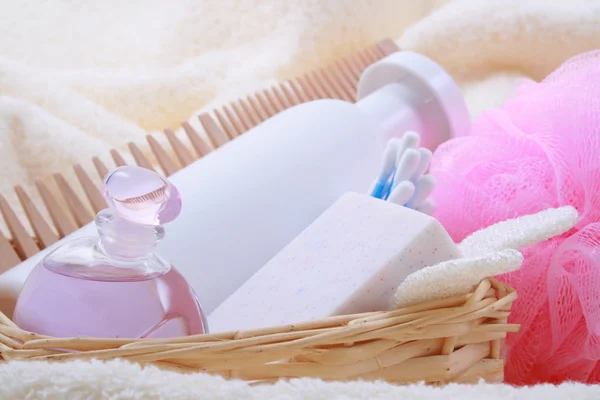 Beauty Accessories Towel Soap Bottle Shampoo Basket — Stock Photo, Image