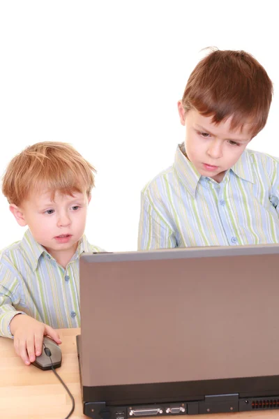 Menino Cinco Três Anos Com Laptop Isolado Branco — Fotografia de Stock