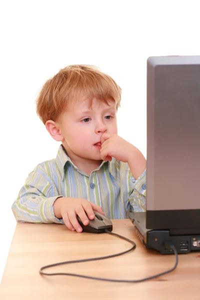 Trzyletni Chłopiec Laptopa Białym Tle — Zdjęcie stockowe