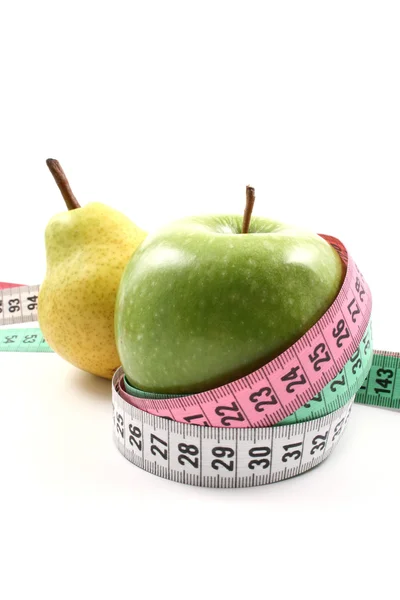 Lahodný Hruškový Zelené Jablko Měření Izolovaných Bílém — Stock fotografie