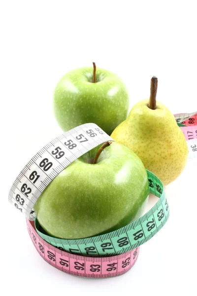 Lahodný Hruškový Zeleného Jablka Měření Izolovaných Bílém — Stock fotografie