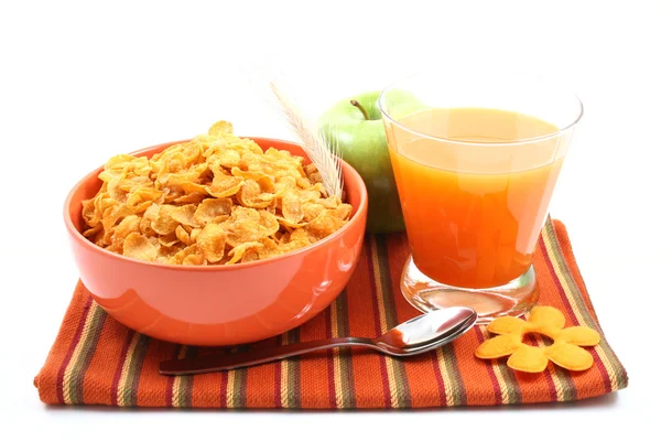 Läcker Frukost Spannmål Juice Och Grönt Äpple Isolerad Vit — Stockfoto