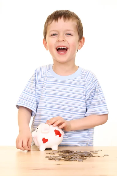 Five Years Old Boy Piggy Bank Isolated White — Stock Photo, Image