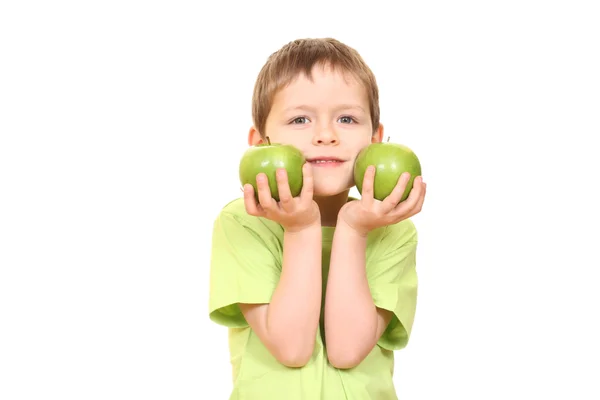 Beş Yaşındaki Çocuk Yeşil Elma Üzerine Beyaz Izole — Stok fotoğraf