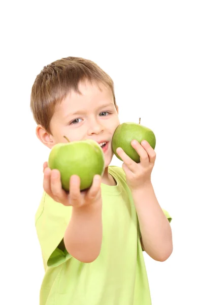 Pět Let Chlapec Zelená Jablka Izolovaných Bílém — Stock fotografie