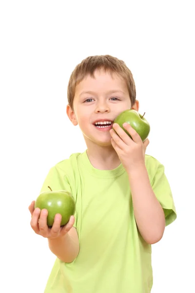 Menino e maçãs — Fotografia de Stock