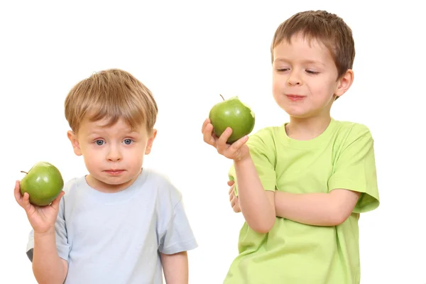 Niños Cinco Tres Años Manzanas Verdes Aisladas Blanco —  Fotos de Stock