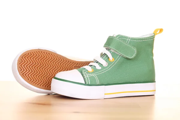 Pair Green Sneakers Children Floor — Stock Photo, Image