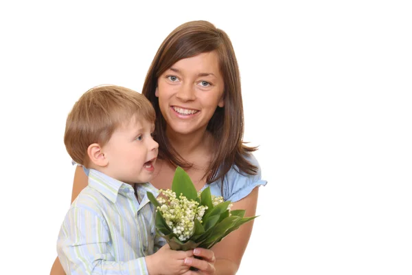 Portrait Adorable Family Mother Son Flowers Isolated White — Stock Photo, Image