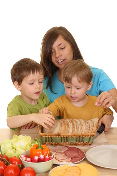 Portrait Adorable Family Mother Sons Having Breakfast Together Isolated White — Stock Photo, Image