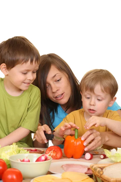 Retrato Adorable Familia Madre Hijos Desayunando Juntos Aislados Blanco —  Fotos de Stock