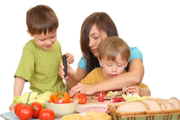 Retrato Adorable Familia Madre Hijos Desayunando Juntos Aislados Blanco — Foto de Stock