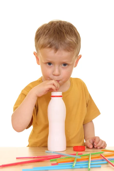Three Years Old Boy Drinking Milk Isolated White — Stock Photo, Image