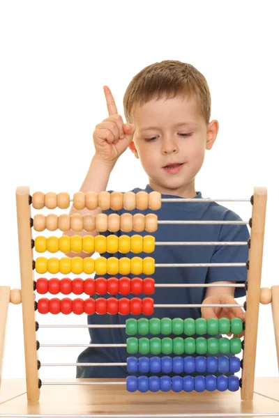 Fem Gammal Pojke Med Abacus Isolerad Vit — Stockfoto