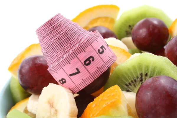 Bowl Full Delicious Fruit Salad Kiwi Banana Orange Grapes Isolated — Stock Photo, Image