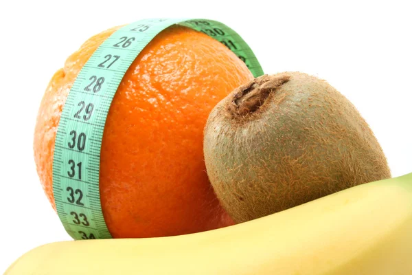 Mellanmål Diet Banan Apelsin Och Kiwi Isolerad Vit — Stockfoto