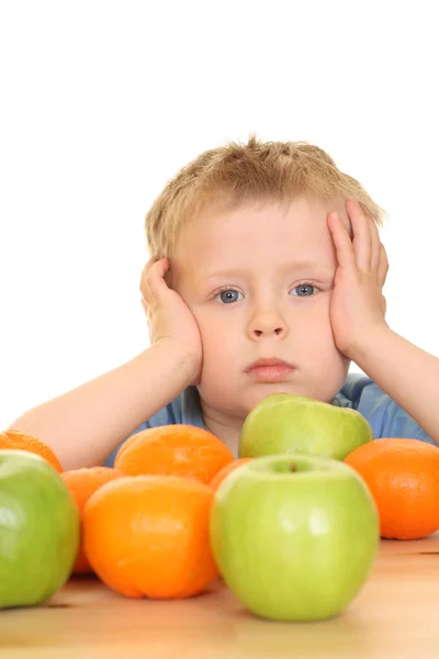 Three Years Old Boy Playing Fruits Isolated White — Stock Photo, Image