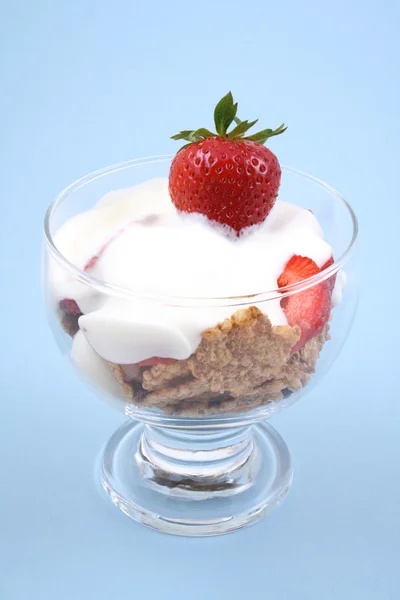 Glass Yogurt Fresh Strawberries Cereals Blue — Stock Photo, Image