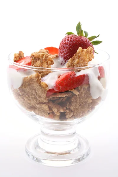 Glass Yogurt Fresh Strawberries Cereals White — Stock Photo, Image