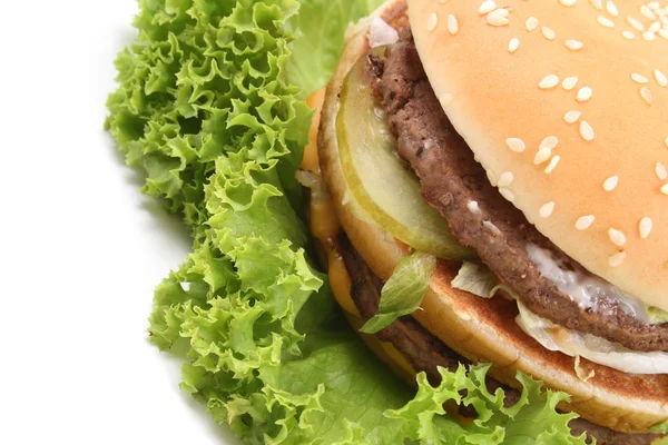 Beyaz Sağlıksız Izole Lezzetli Peynirli Burger Yiyen — Stok fotoğraf