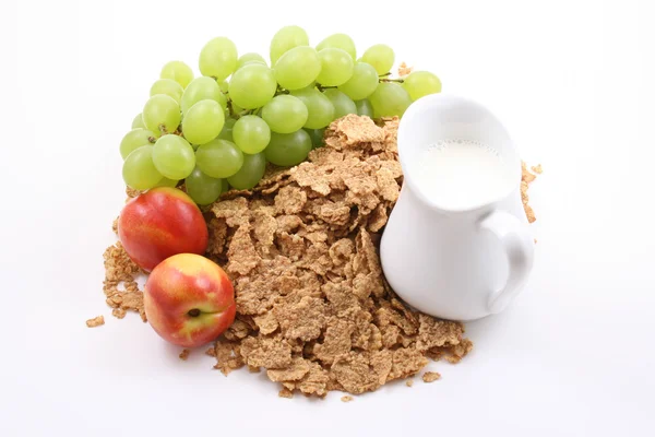 Healthy Snack Pile Cereals Fruits Jug Milk — Stock Photo, Image
