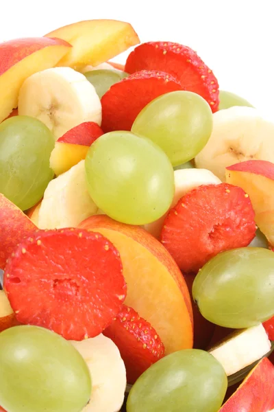 Gyümölcsös Saláta Nektarin Banán Eper Szőlő Elszigetelt Fehér Tál — Stock Fotó