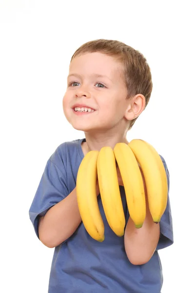 香蕉被隔绝在白色的五岁男孩 — 图库照片