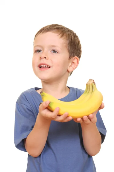 Fem Gammal Pojke Med Banan Isolerad Vit — Stockfoto