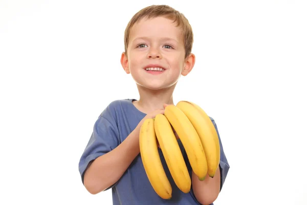 Pět Let Starý Chlapec Banánem Izolovaných Bílém — Stock fotografie