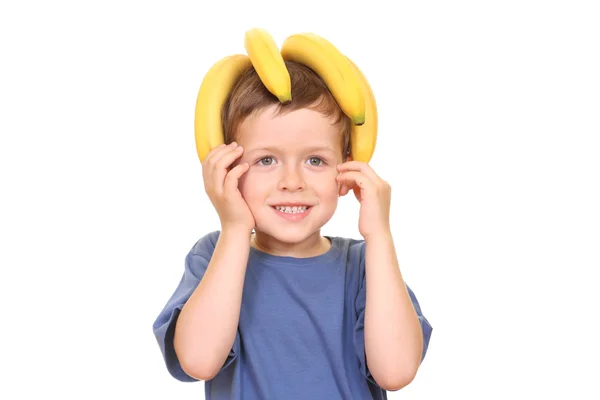 Pět Let Starý Chlapec Banánem Izolovaných Bílém — Stock fotografie