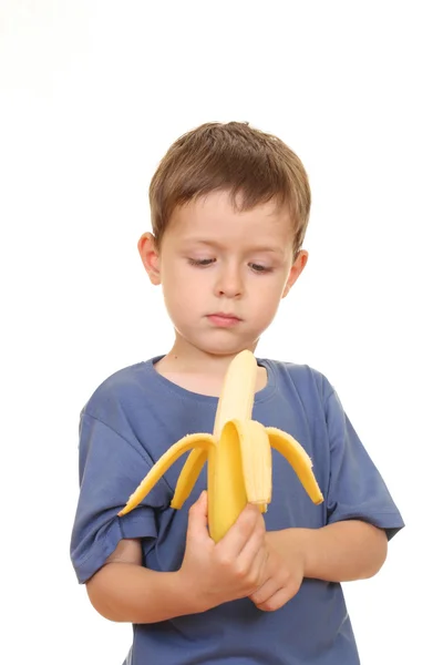 Menino Cinco Anos Com Banana Isolada Branco — Fotografia de Stock