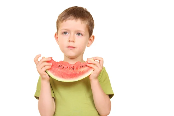美味西瓜被隔绝在白色的五岁男孩 — 图库照片