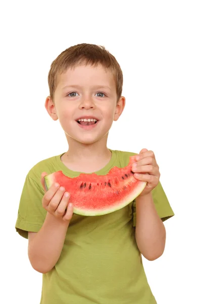 Vijf Jaar Oude Jongen Met Heerlijke Watermeloen Geïsoleerd Wit — Stockfoto