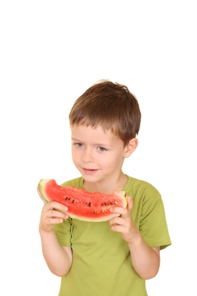 Fem Gammal Pojke Med Läckra Vattenmelon Isolerad Vit — Stockfoto