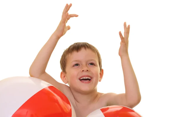 Menino Cinco Anos Duas Bolas Piscina Isolado Branco Horário Verão — Fotografia de Stock
